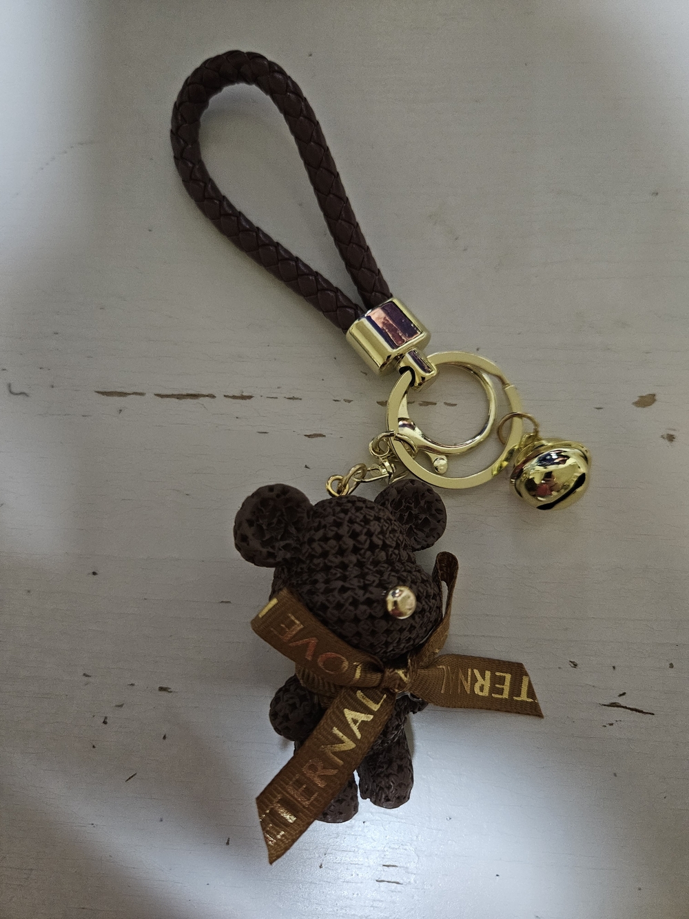 Brown Crochet Bear Keychain with Gold Hardware